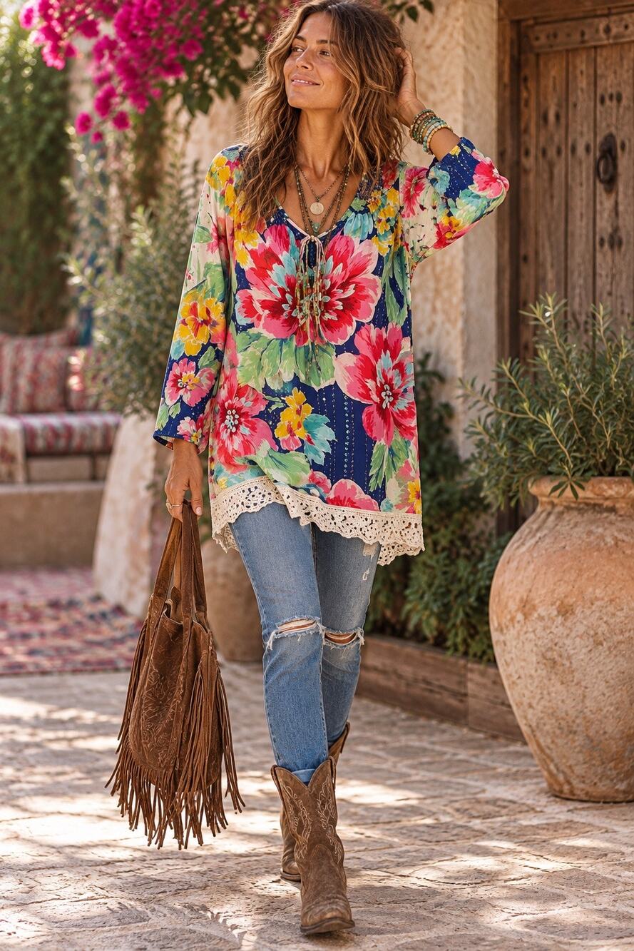 Johnny Was Silk Floral Tunic Blouse Top, Free Spirit, Coastal, Beach, Resort, XS